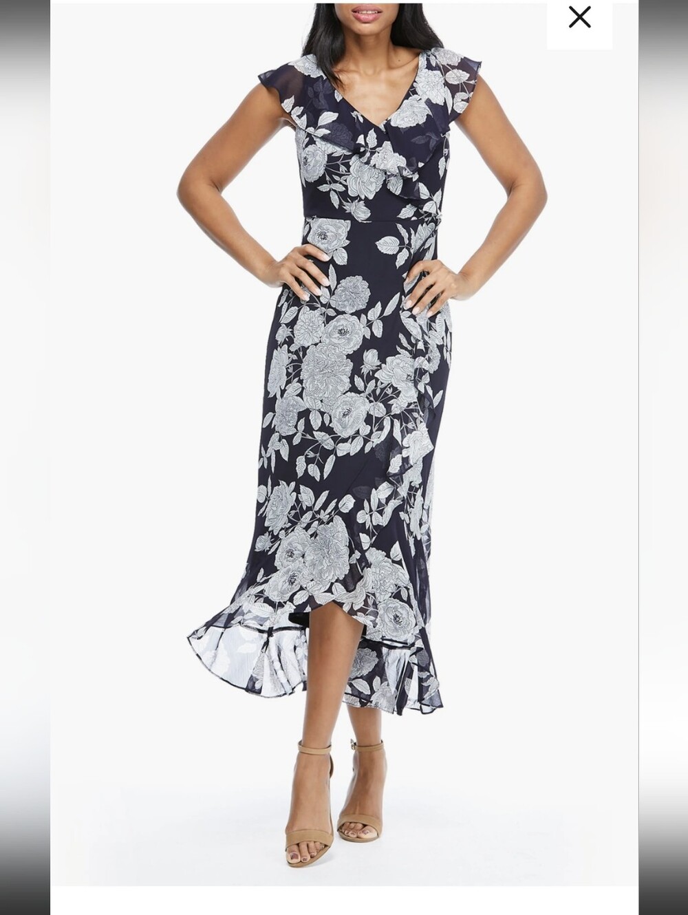 London Frog Navy Floral Midi Dress with Ruffle Hem Size 2